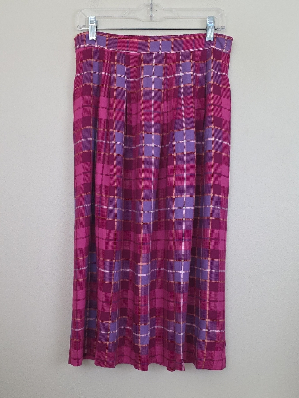 Vintage Southern Lady Pink & Purple Plaid Flare Rayon Midi Skirt (Small Flaw) M